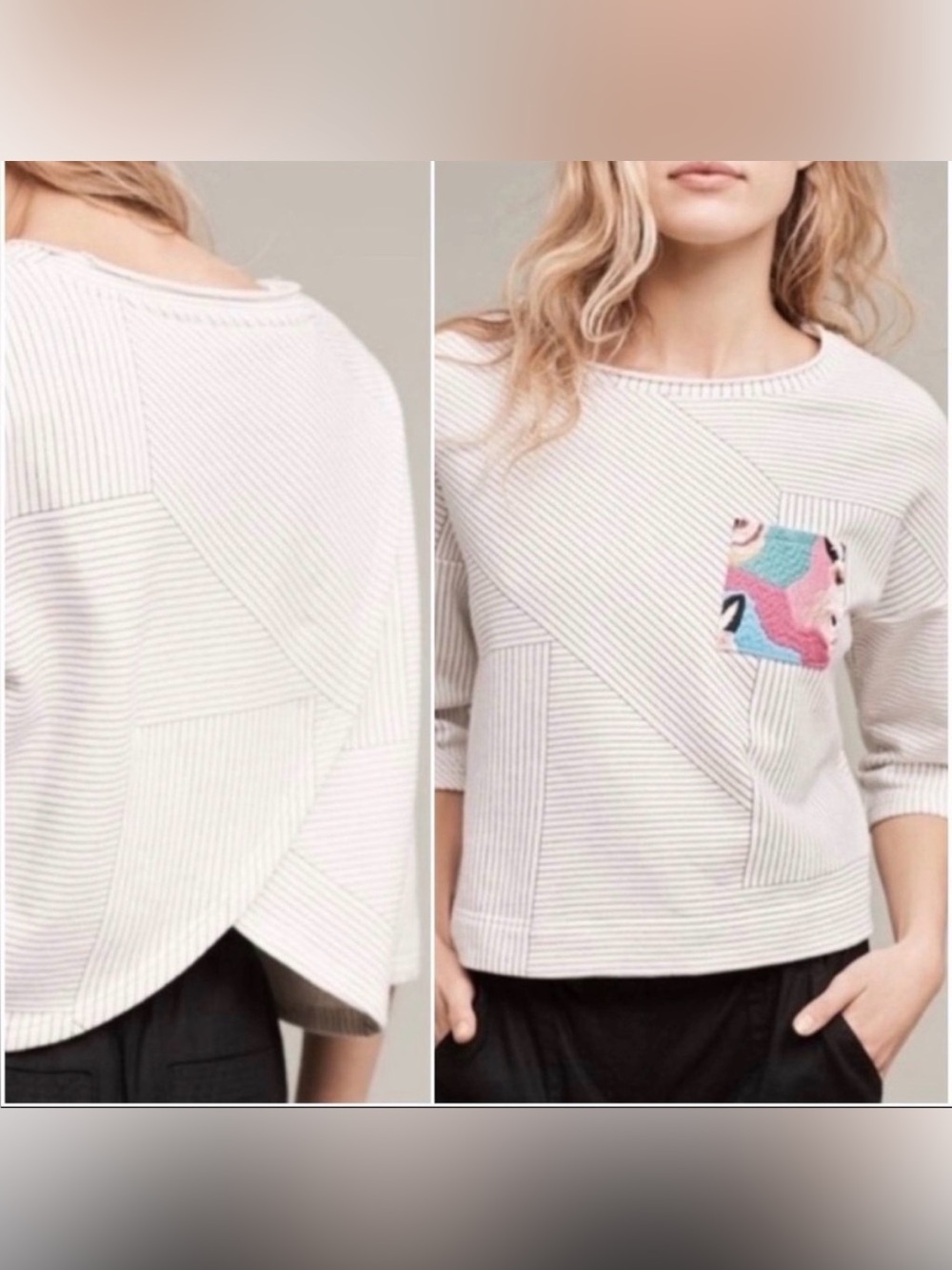 Anthropologie Postmark Geometric Striped Embroidered Patch Cropped Top